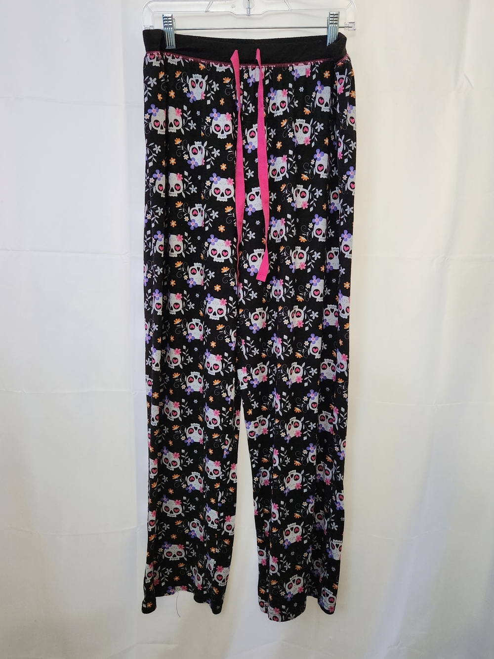 Halloween Black Skull & Floral Lounge Pants with Pink Drawstring